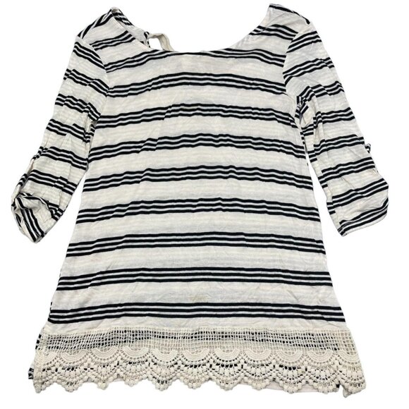 faith and joy 3/4 sleeve shirt striped ivory black button up sleeve small READ - Picture 1 of 15